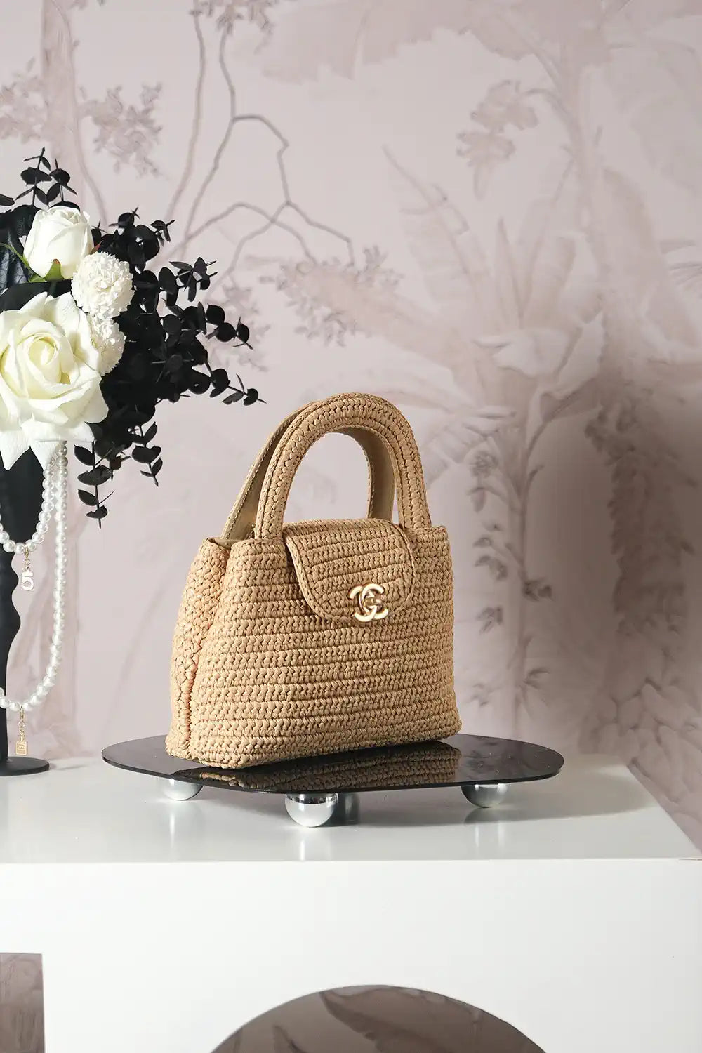 Chanel 25C AS4416 Mini Shopping Bag In Raffia And Calfskin