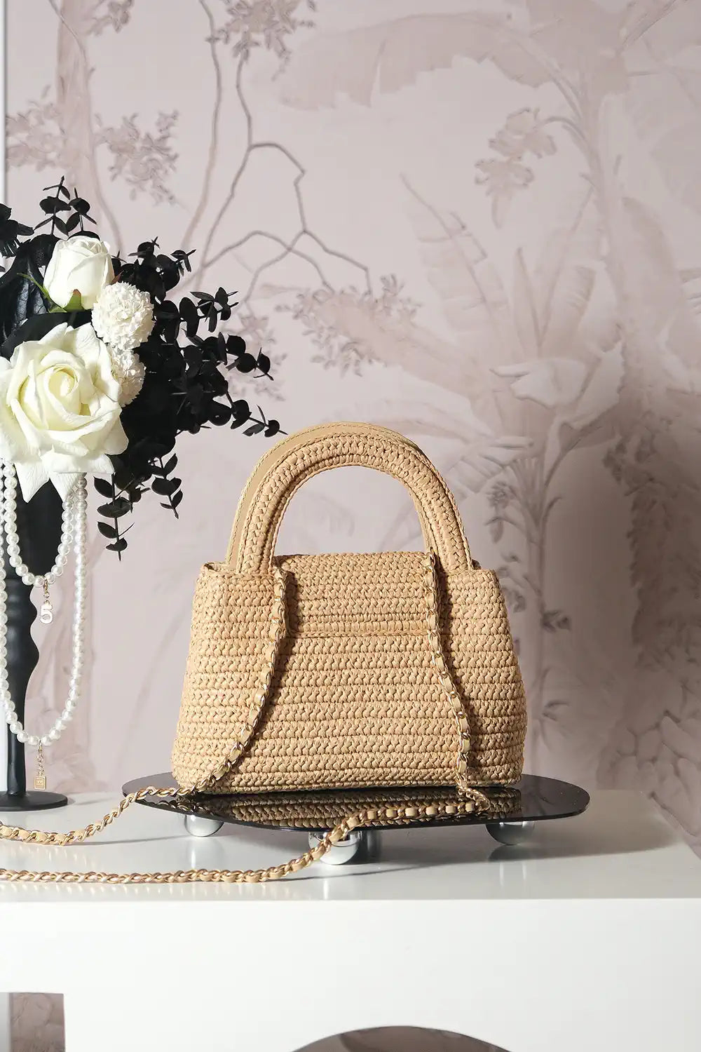 Chanel 25C AS4416 Mini Shopping Bag In Raffia And Calfskin