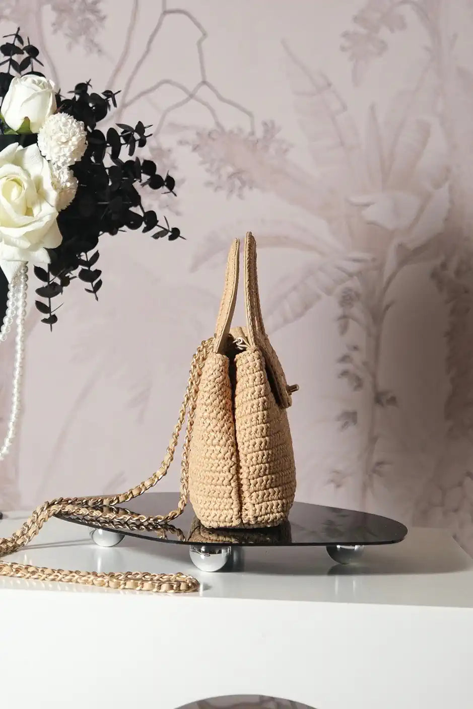 Chanel 25C AS4416 Mini Shopping Bag In Raffia And Calfskin
