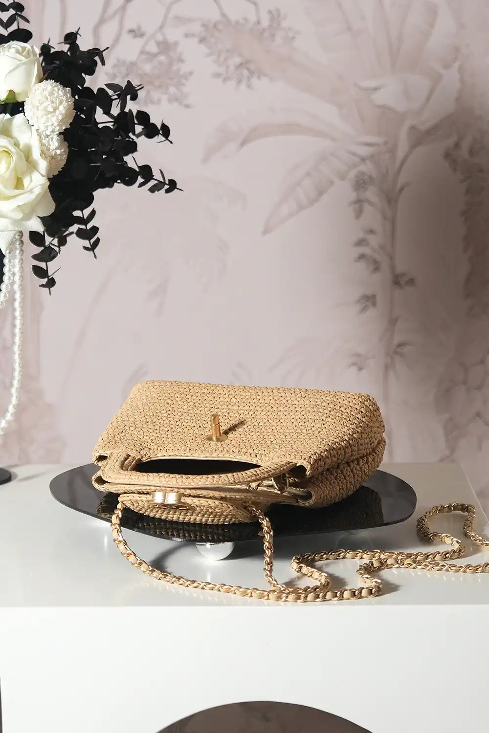 Chanel 25C AS4416 Mini Shopping Bag In Raffia And Calfskin