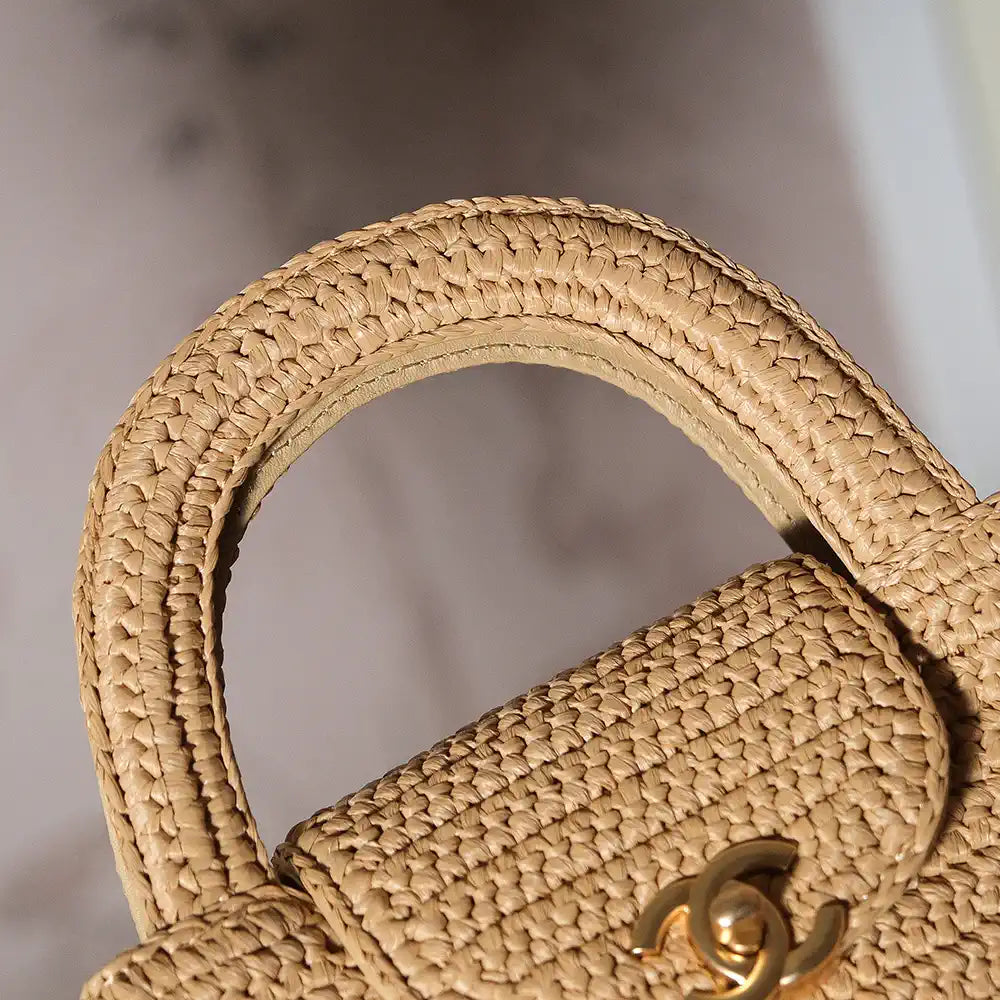 Chanel 25C AS4416 Mini Shopping Bag In Raffia And Calfskin