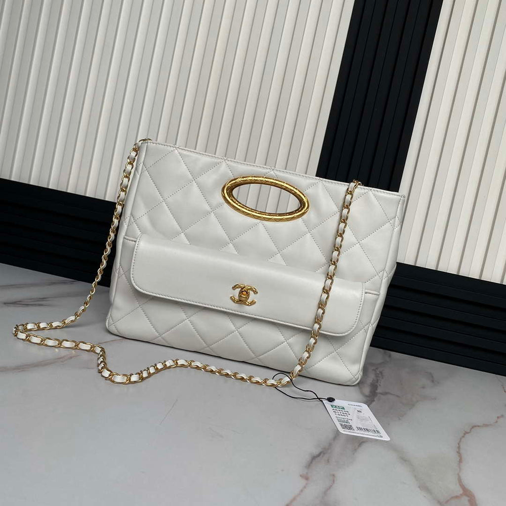 Chanel 25C AS5036 Small Tote Lambskin & Gold-Tone Metal White