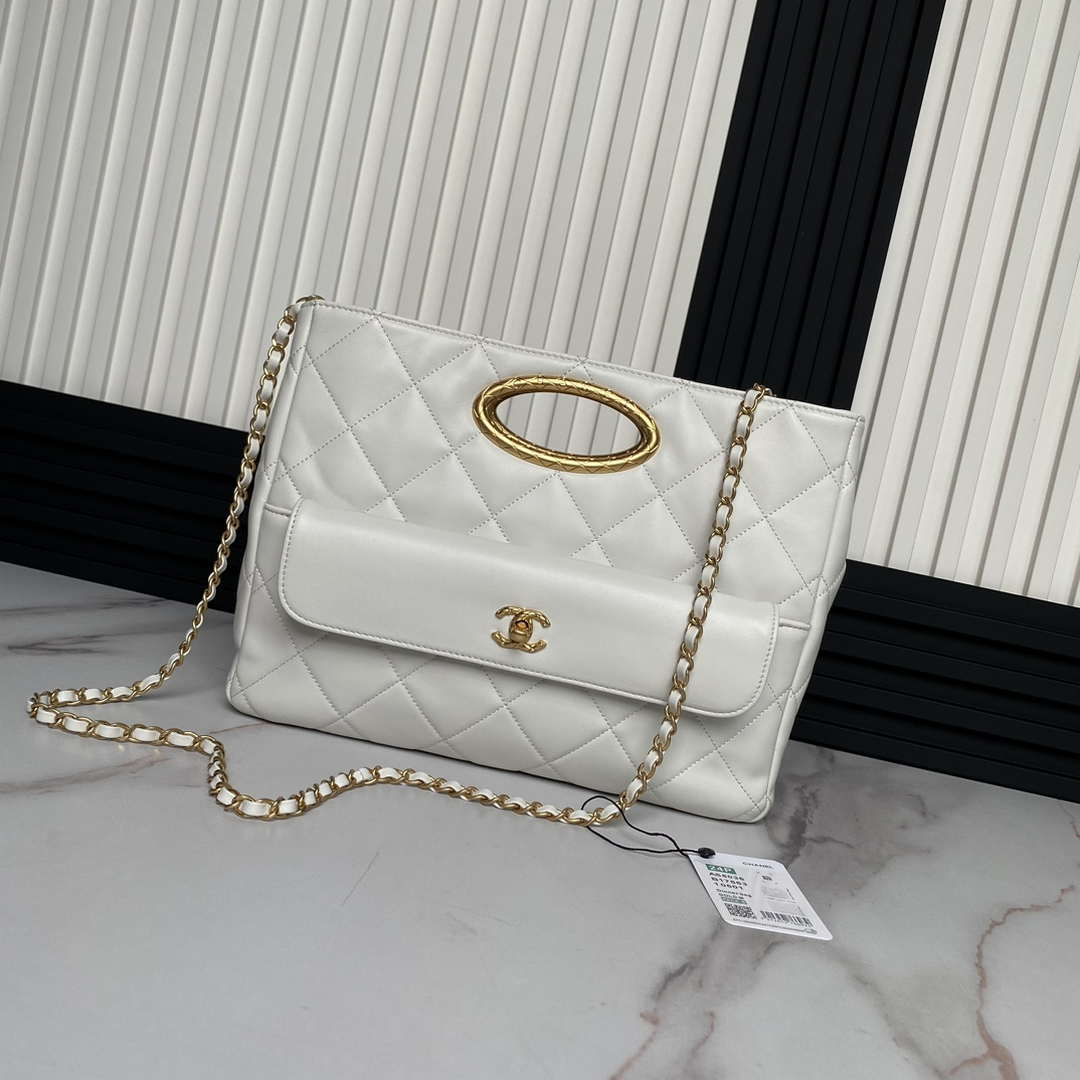 Chanel 25C AS5036 Small Tote Lambskin & Gold-Tone Metal White - Default Title - View 1