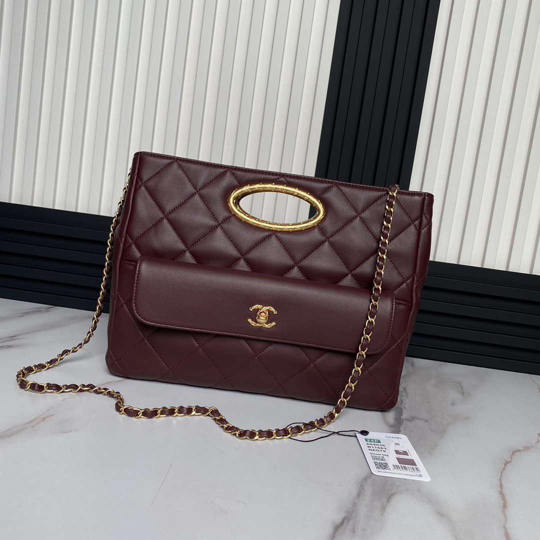 Chanel 25C AS5036 Small Tote Lambskin & Gold-Tone Metal Wine Red