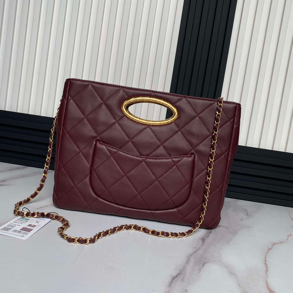 Chanel 25C AS5036 Small Tote Lambskin & Gold-Tone Metal Wine Red