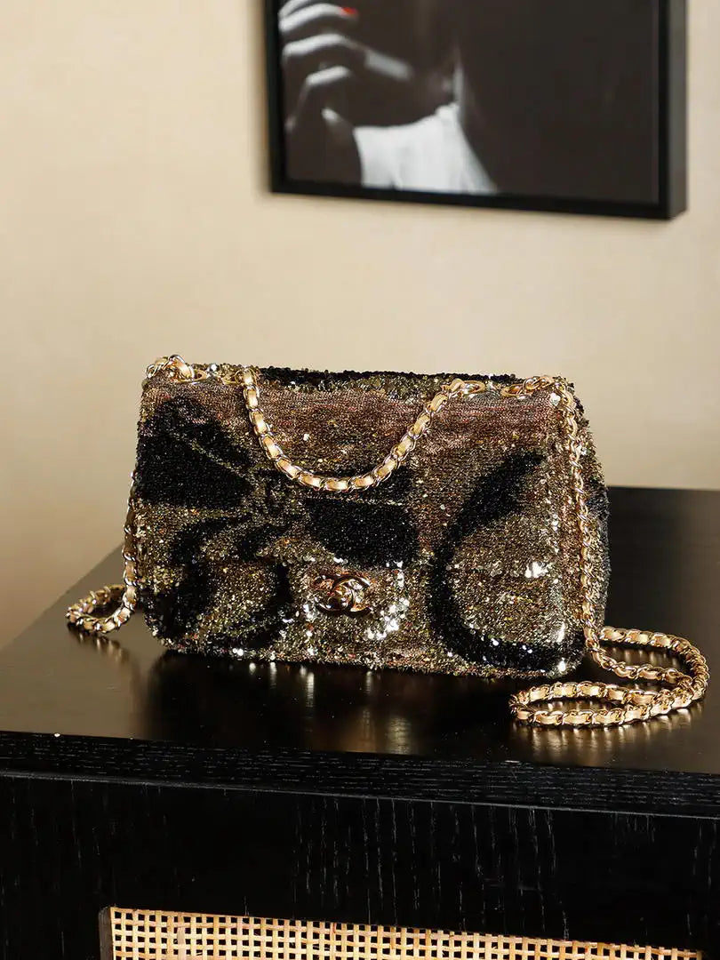 Chanel 25K Evening Butterfly Gold sequin mini AS4561 Lambskin Bag