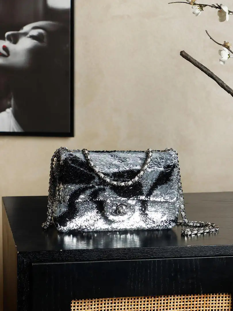 Chanel 25C Evening Butterfly Silver sequin mini AS4561 Lambskin Bag
