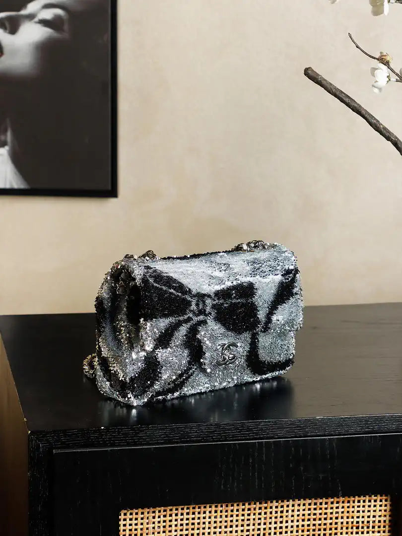 Chanel 25C Evening Butterfly Silver sequin mini AS4561 Lambskin Bag