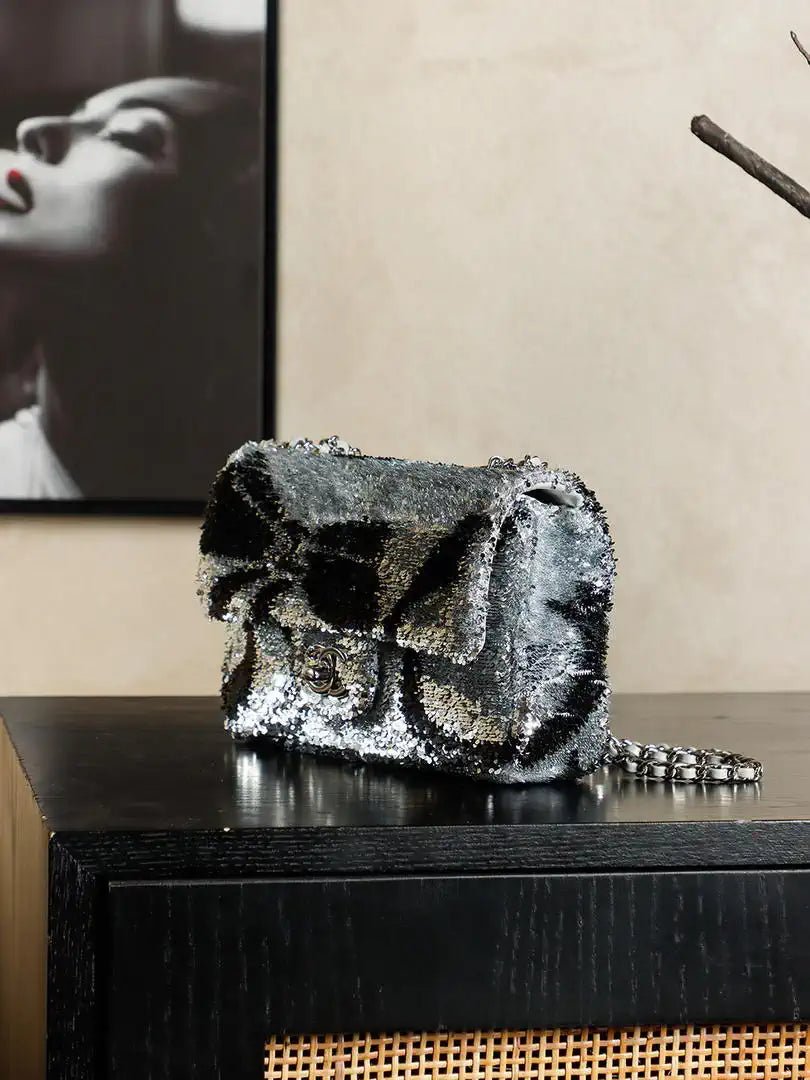 Chanel 25C Evening Butterfly Silver sequin mini AS4561 Lambskin Bag