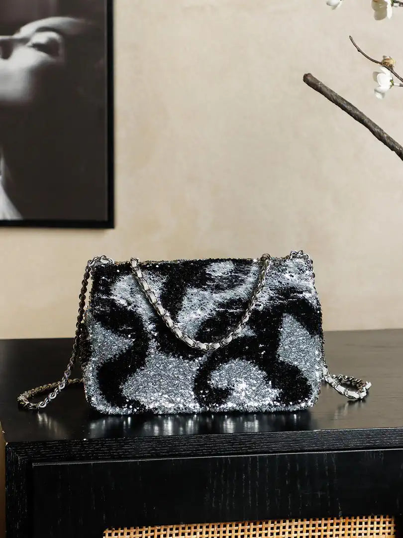Chanel 25C Evening Butterfly Silver sequin mini AS4561 Lambskin Bag