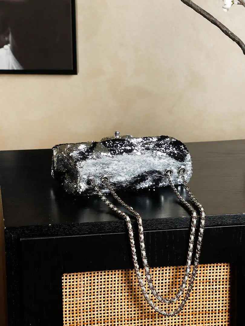 Chanel 25C Evening Butterfly Silver sequin mini AS4561 Lambskin Bag