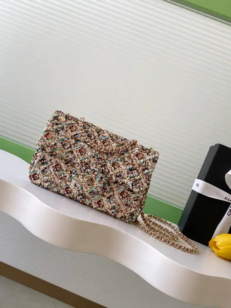 Chanel 25C Evening Flash Colorful Gold sequin mini AS4561 Brown Lambskin Bag