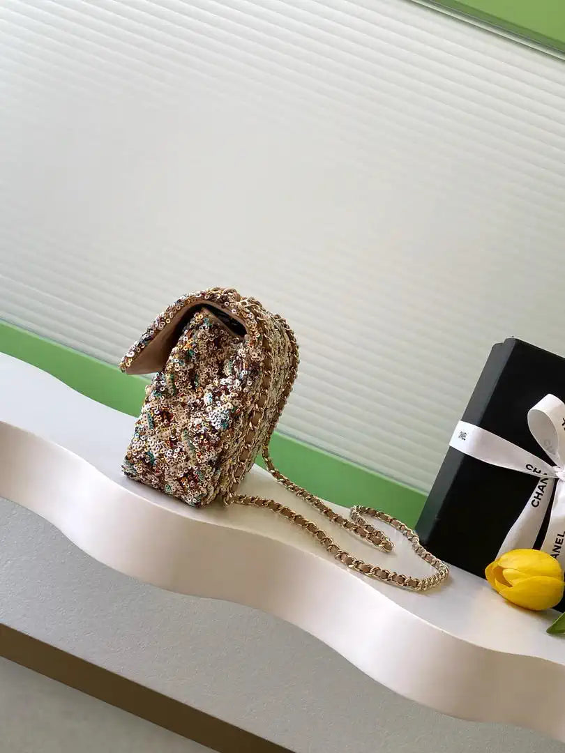 Chanel 25C Evening Flash Colorful Gold sequin mini AS4561 Brown Lambskin Bag