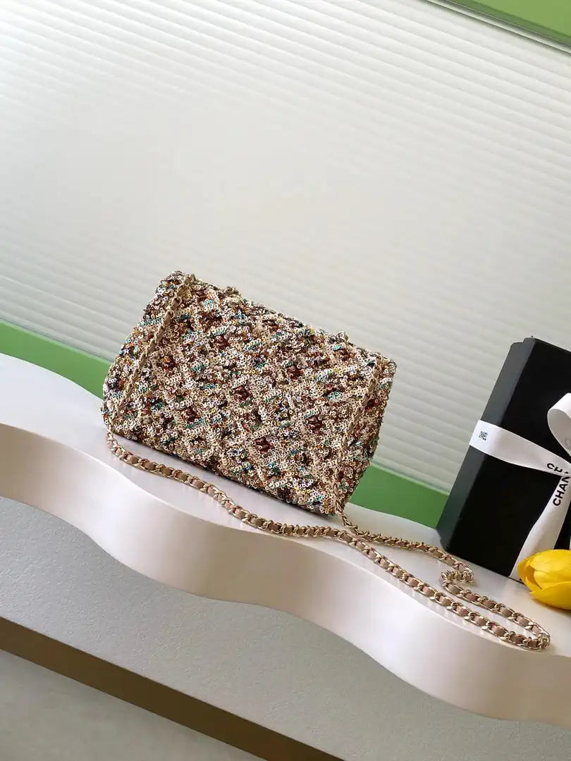 Chanel 25C Evening Flash Colorful Gold sequin mini AS4561 Brown Lambskin Bag