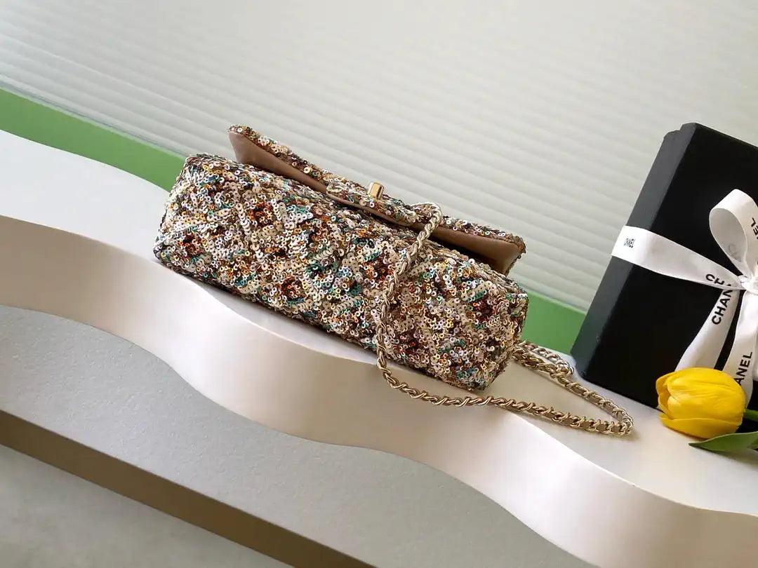 Chanel 25C Evening Flash Colorful Gold sequin mini AS4561 Brown Lambskin Bag