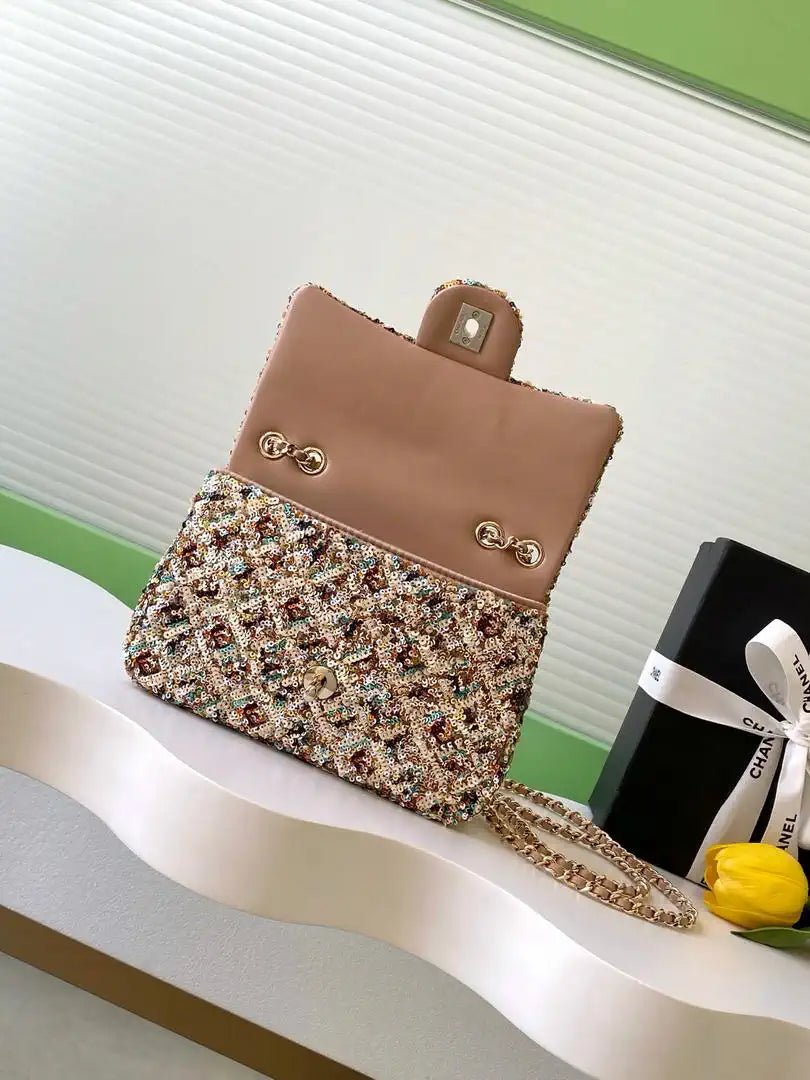Chanel 25C Evening Flash Colorful Gold sequin mini AS4561 Brown Lambskin Bag