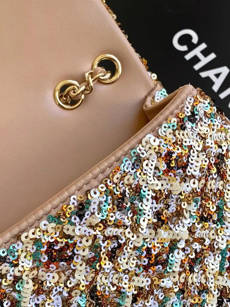 Chanel 25C Evening Flash Colorful Gold sequin mini AS4561 Brown Lambskin Bag