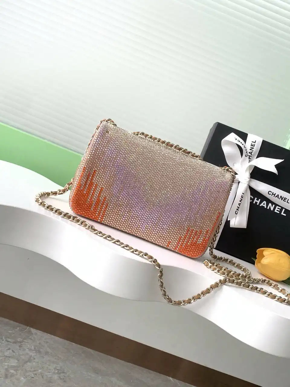 Chanel 25C Evening Flash Diamond sequin mini AS4561 Brown Lambskin Bag