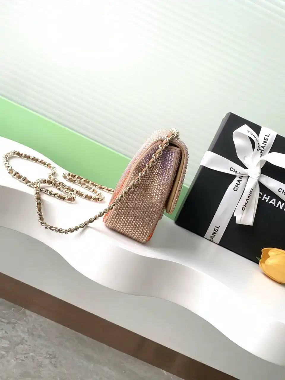 Chanel 25C Evening Flash Diamond sequin mini AS4561 Brown Lambskin Bag