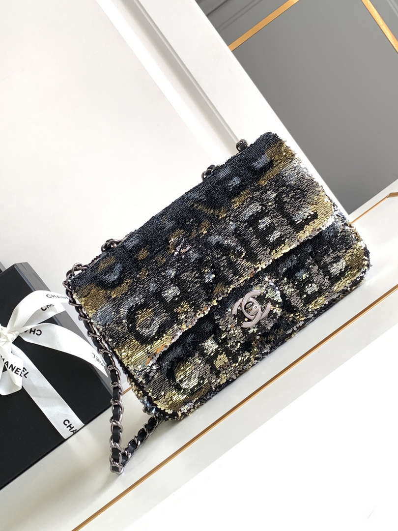 Chanel 25C Mini Classic Handbag A69900 letter shape Black shiny sequin - Default Title - View 1