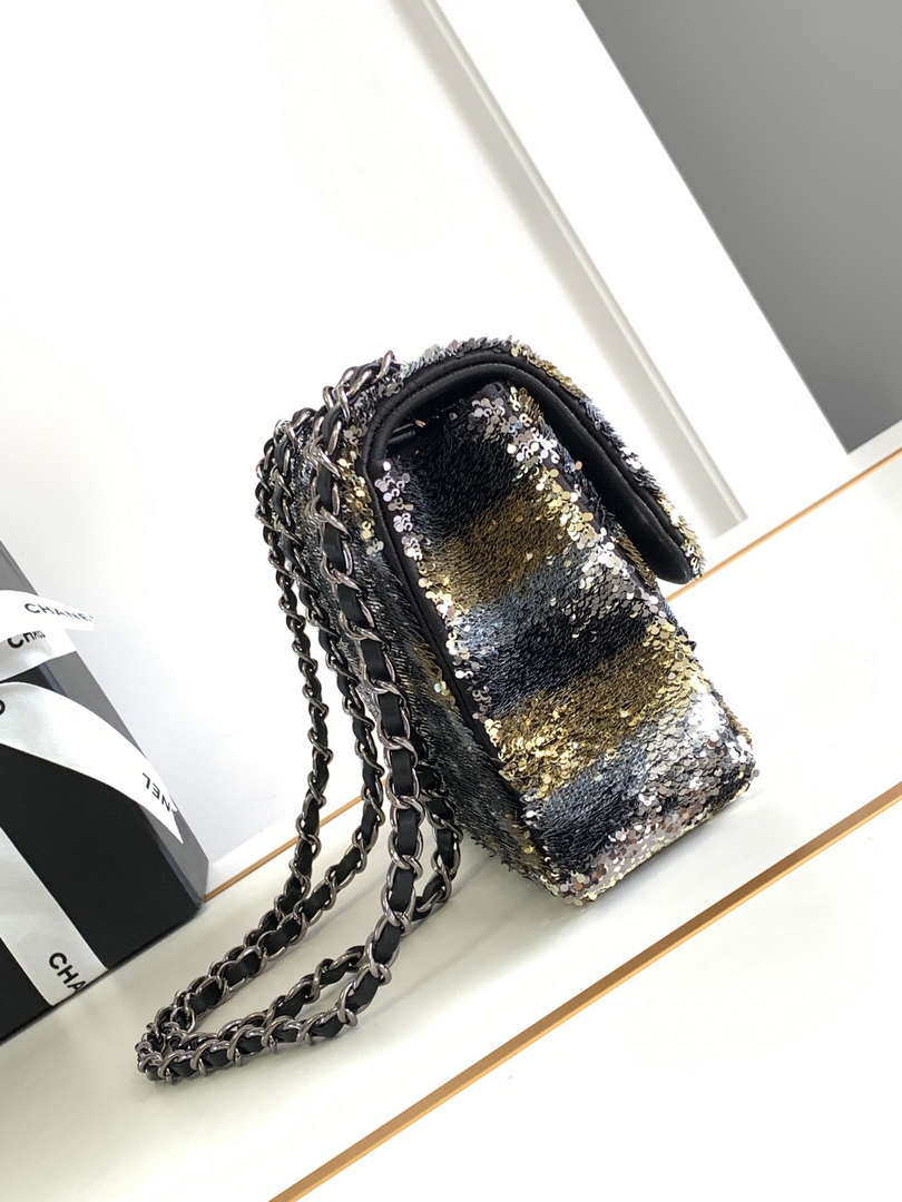 Chanel 25C Mini Classic Handbag A69900 letter shape Black shiny sequin