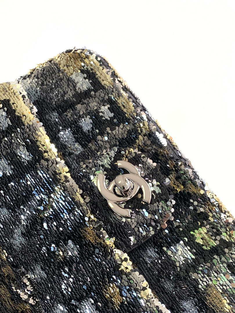 Chanel 25C Mini Classic Handbag A69900 letter shape Black shiny sequin