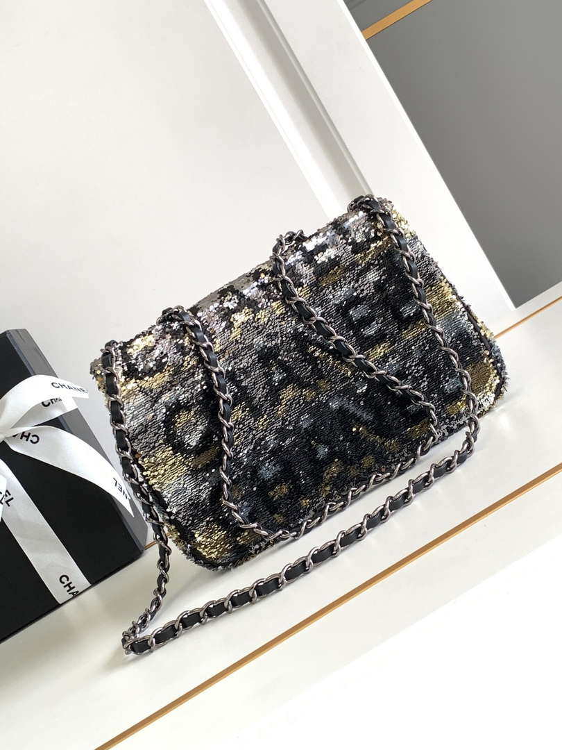 Chanel 25C Mini Classic Handbag A69900 letter shape Black shiny sequin - Default Title - View 2