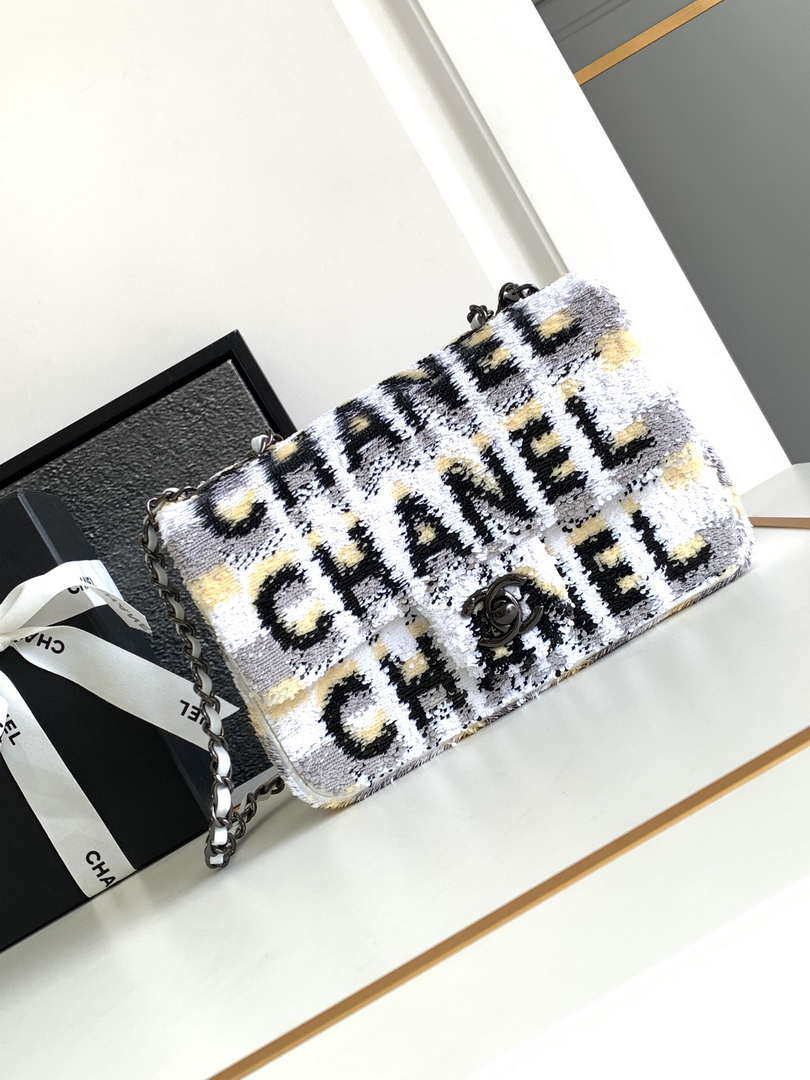Chanel 25C Mini Classic Handbag A69900 letter shape Silver shiny sequin