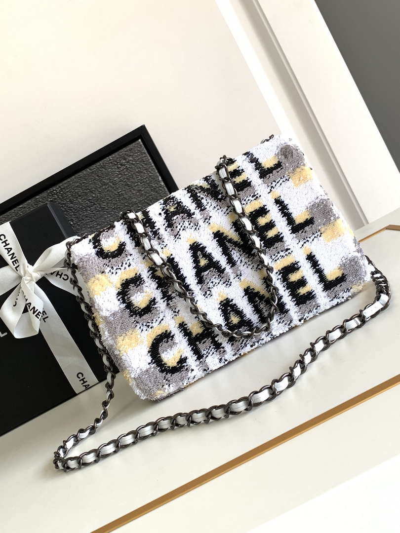 Chanel 25C Mini Classic Handbag A69900 letter shape Silver shiny sequin