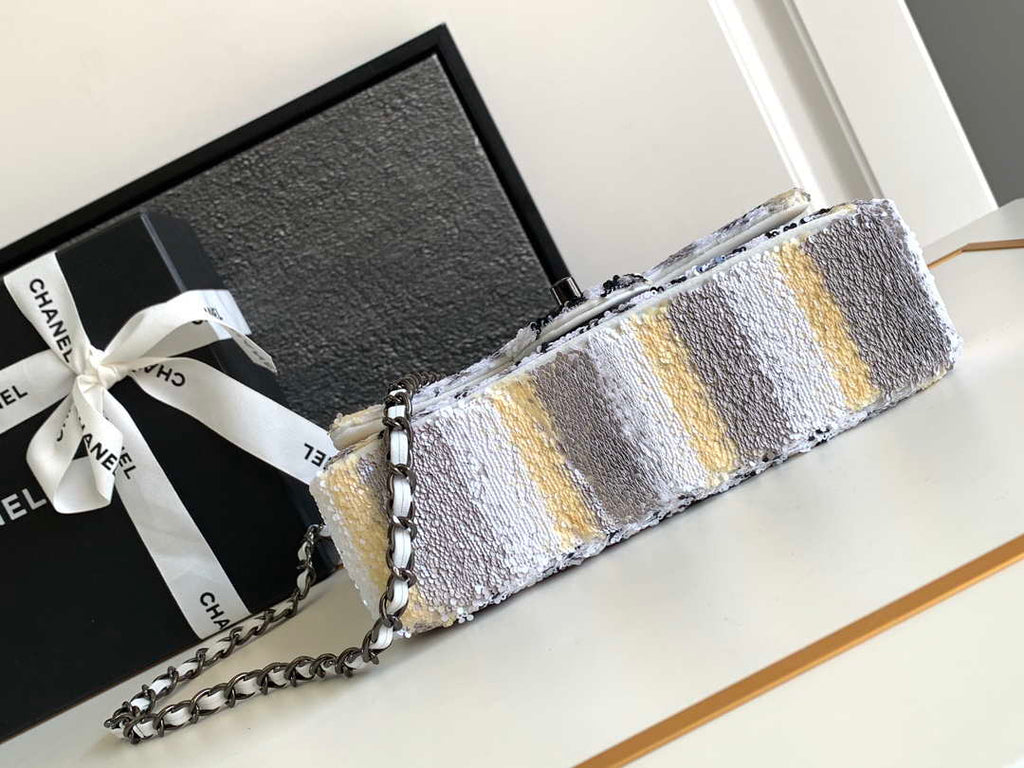Chanel 25C Mini Classic Handbag A69900 letter shape Silver shiny sequin