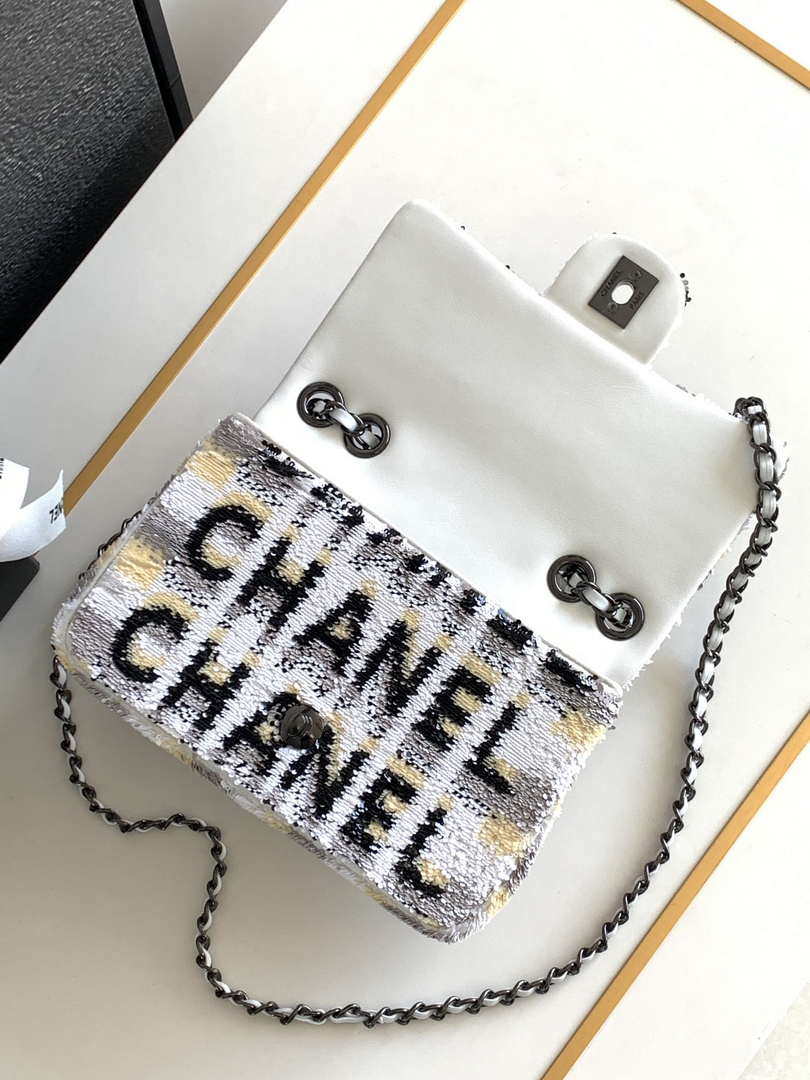 Chanel 25C Mini Classic Handbag A69900 letter shape Silver shiny sequin