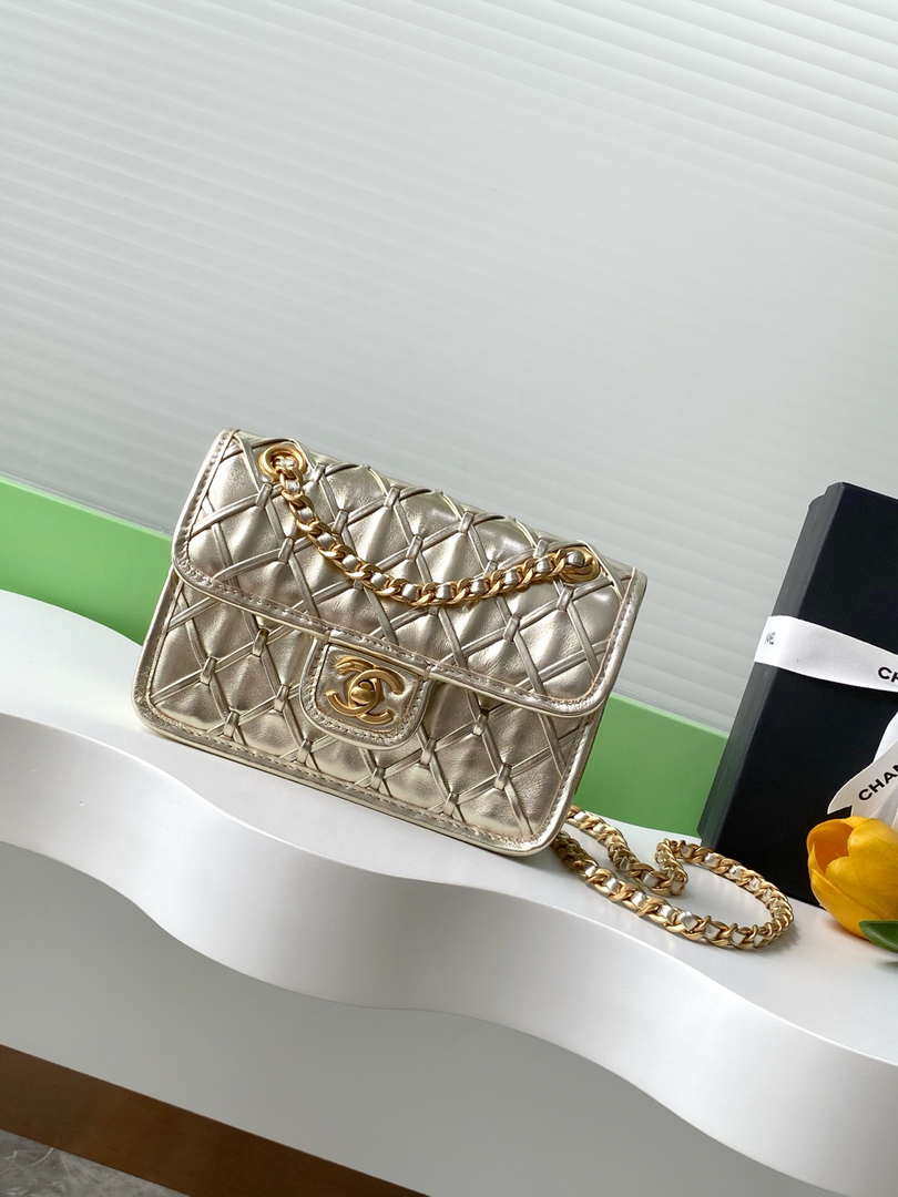 Chanel 25C Mini Flap Bag Metallized Braided Calfskin & Gold-Tone AS4797 Gold