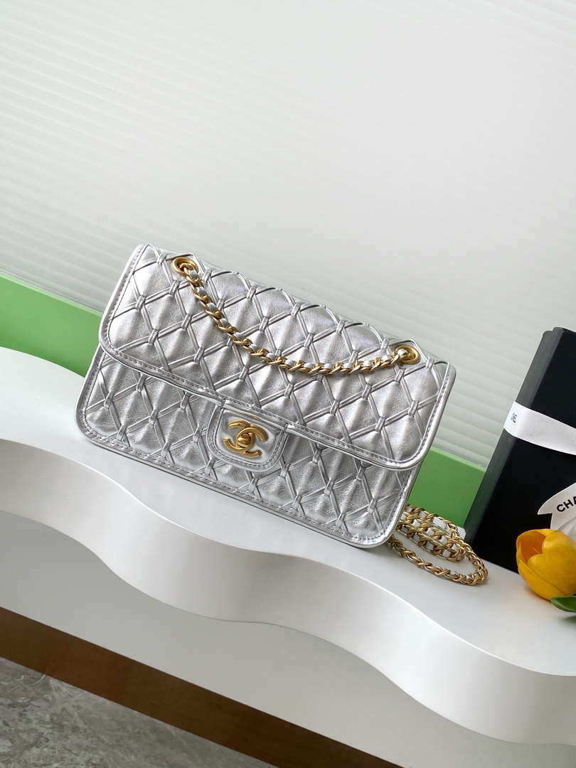 Chanel 25C Flap Bag Metallized Braided Calfskin & Gold-Tone AS4795 Silver - Default Title - View 1