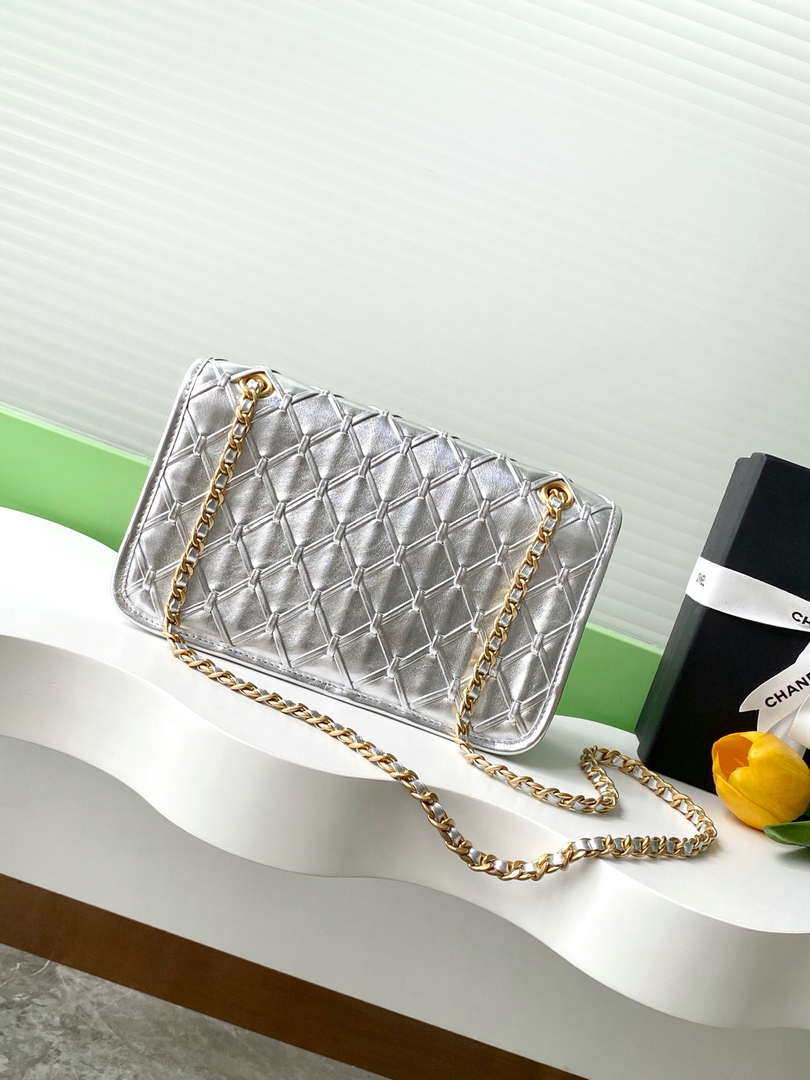 Chanel 25C Flap Bag Metallized Braided Calfskin & Gold-Tone AS4795 Silver - Default Title - View 3