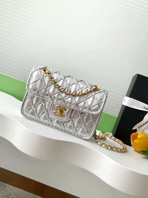 Chanel 25C Mini Flap Bag Metallized Braided Calfskin & Gold-Tone AS4797 Silver - Default Title - View 1