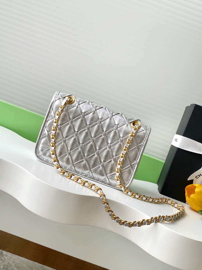 Chanel 25C Mini Flap Bag Metallized Braided Calfskin & Gold-Tone AS4797 Silver