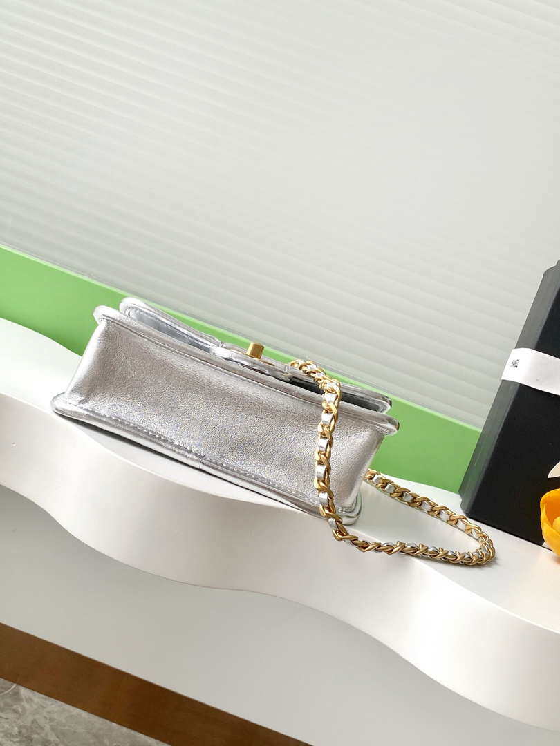 Chanel 25C Mini Flap Bag Metallized Braided Calfskin & Gold-Tone AS4797 Silver