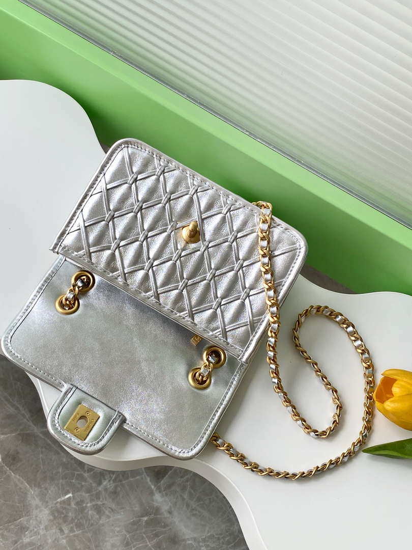Chanel 25C Mini Flap Bag Metallized Braided Calfskin & Gold-Tone AS4797 Silver