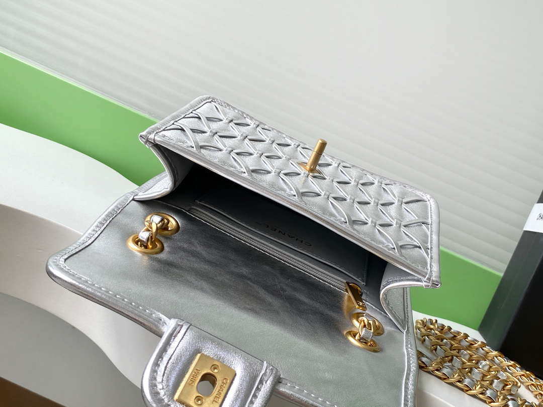 Chanel 25C Mini Flap Bag Metallized Braided Calfskin & Gold-Tone AS4797 Silver