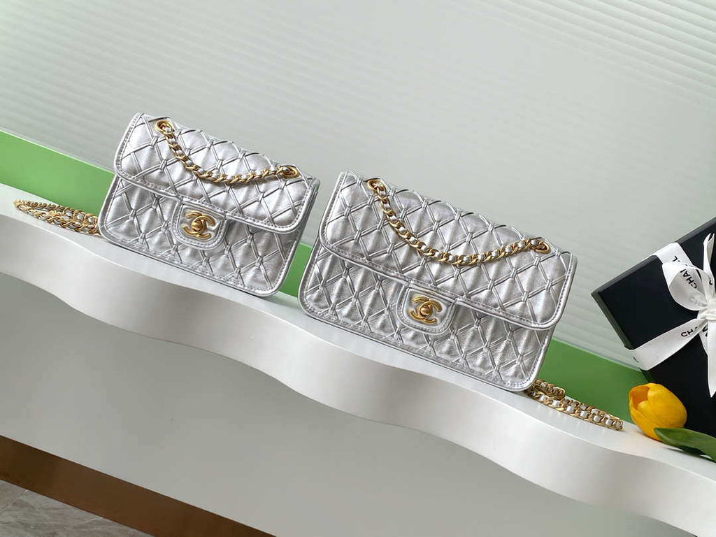 Chanel 25C Mini Flap Bag Metallized Braided Calfskin & Gold-Tone AS4797 Silver