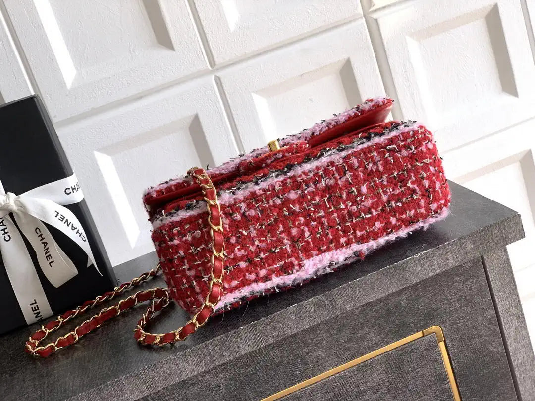 Chanel 25C Mini Flap bag Tweed and gold metallic 23CM A01117 Red