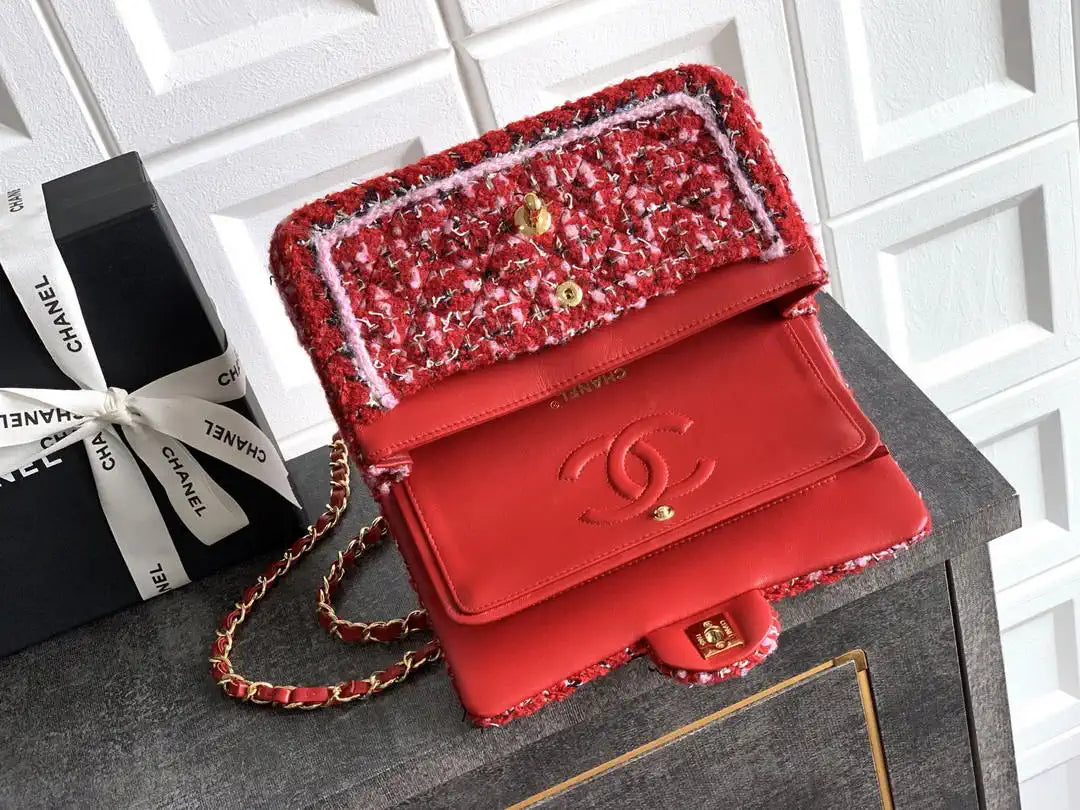 Chanel 25C Mini Flap bag Tweed and gold metallic 23CM A01117 Red