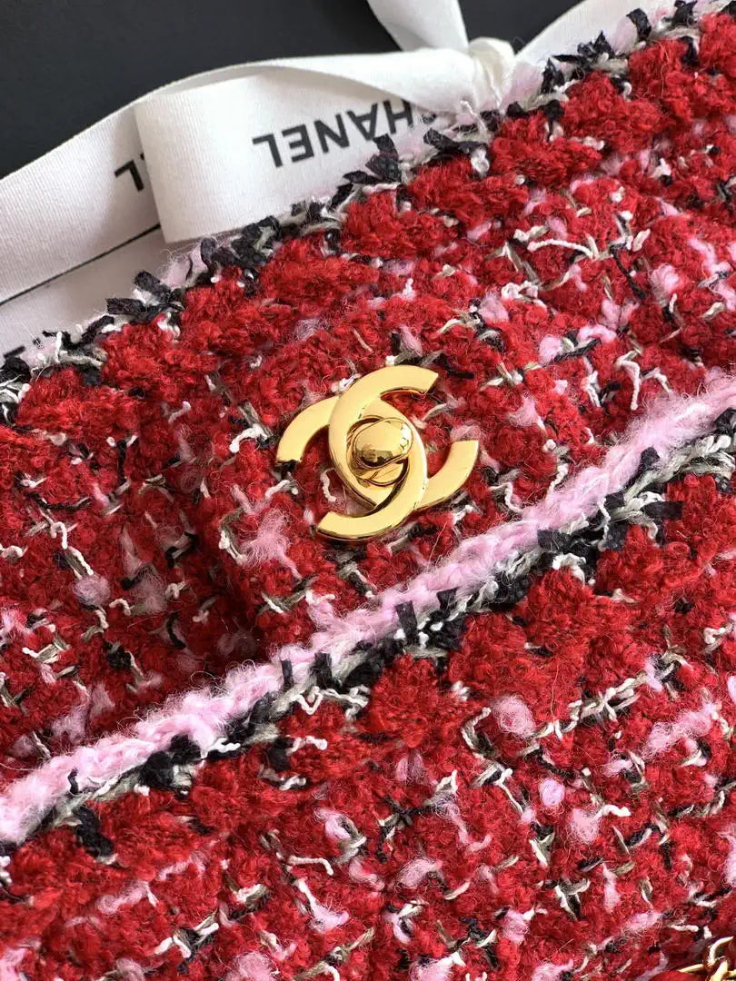 Chanel 25C Mini Flap bag Tweed and gold metallic 23CM A01117 Red