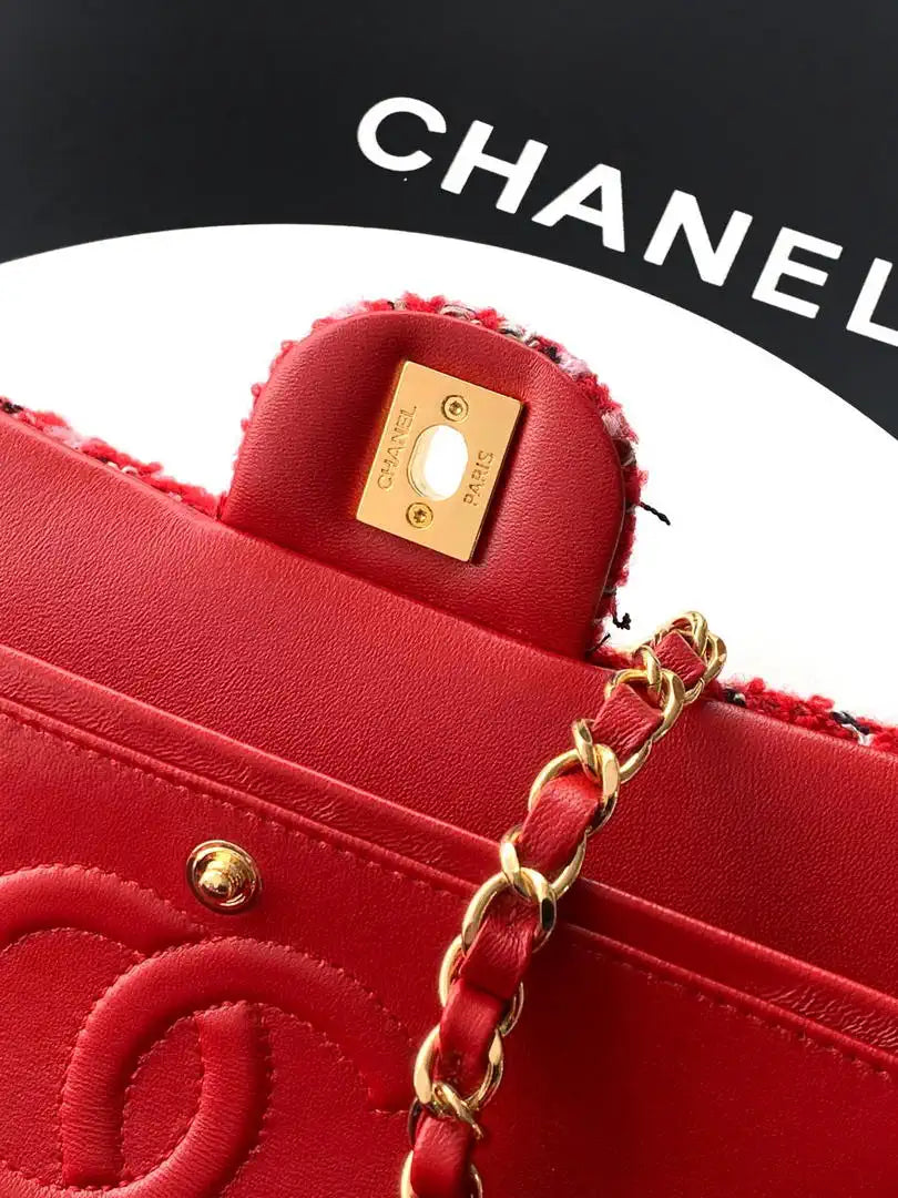 Chanel 25C Mini Flap bag Tweed and gold metallic 23CM A01117 Red