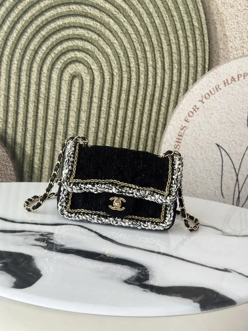 Chanel 25C Mini Flap bag Tweed and gold metallic A69900 Black