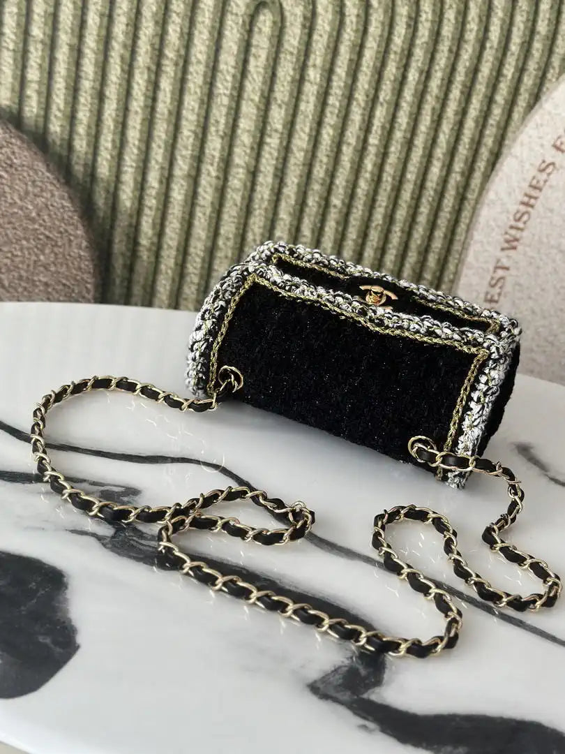 Chanel 25C Mini Flap bag Tweed and gold metallic A69900 Black