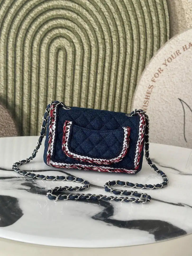 Chanel 25C Mini Flap bag Tweed and gold metallic A69900 Dark blue denim