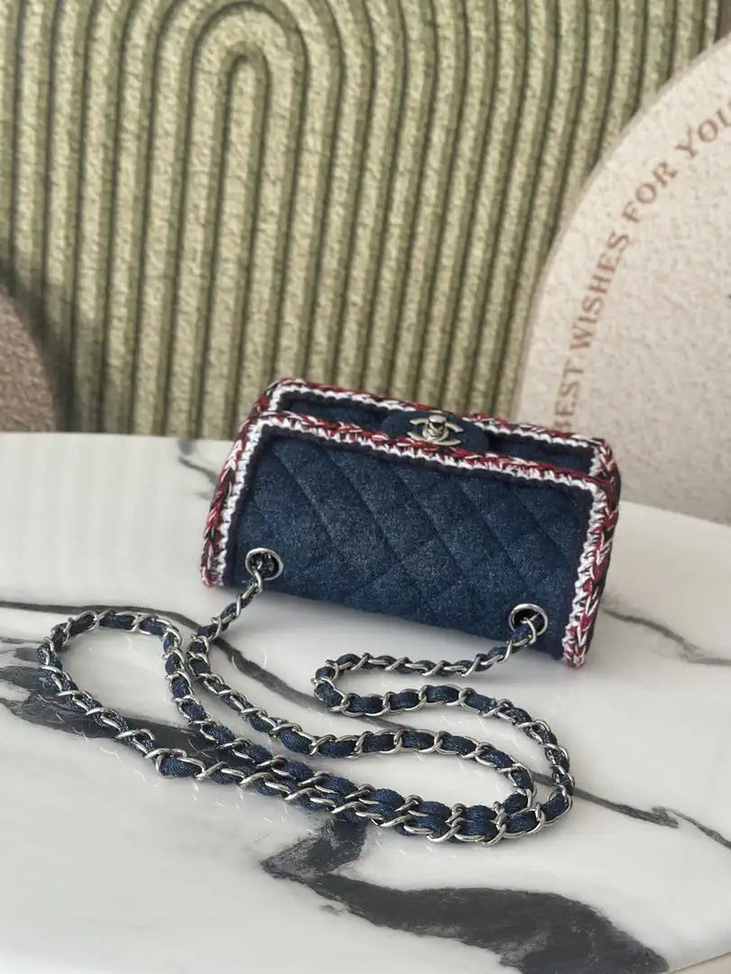 Chanel 25C Mini Flap bag Tweed and gold metallic A69900 Dark blue denim
