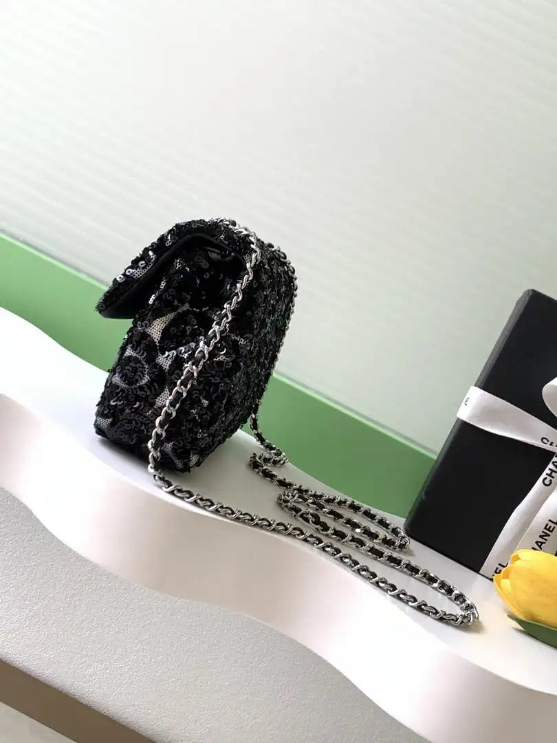Chanel 25K Evening Sequined camellia black and white mini AS4561 Lambskin Bag