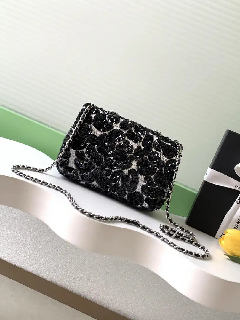 Chanel 25K Evening Sequined camellia black and white mini AS4561 Lambskin Bag